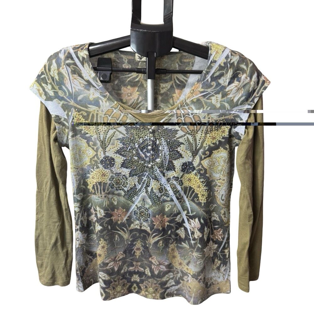Women's Unity World Wear green shirt tunic top size Medium Floral Rhinestones‎